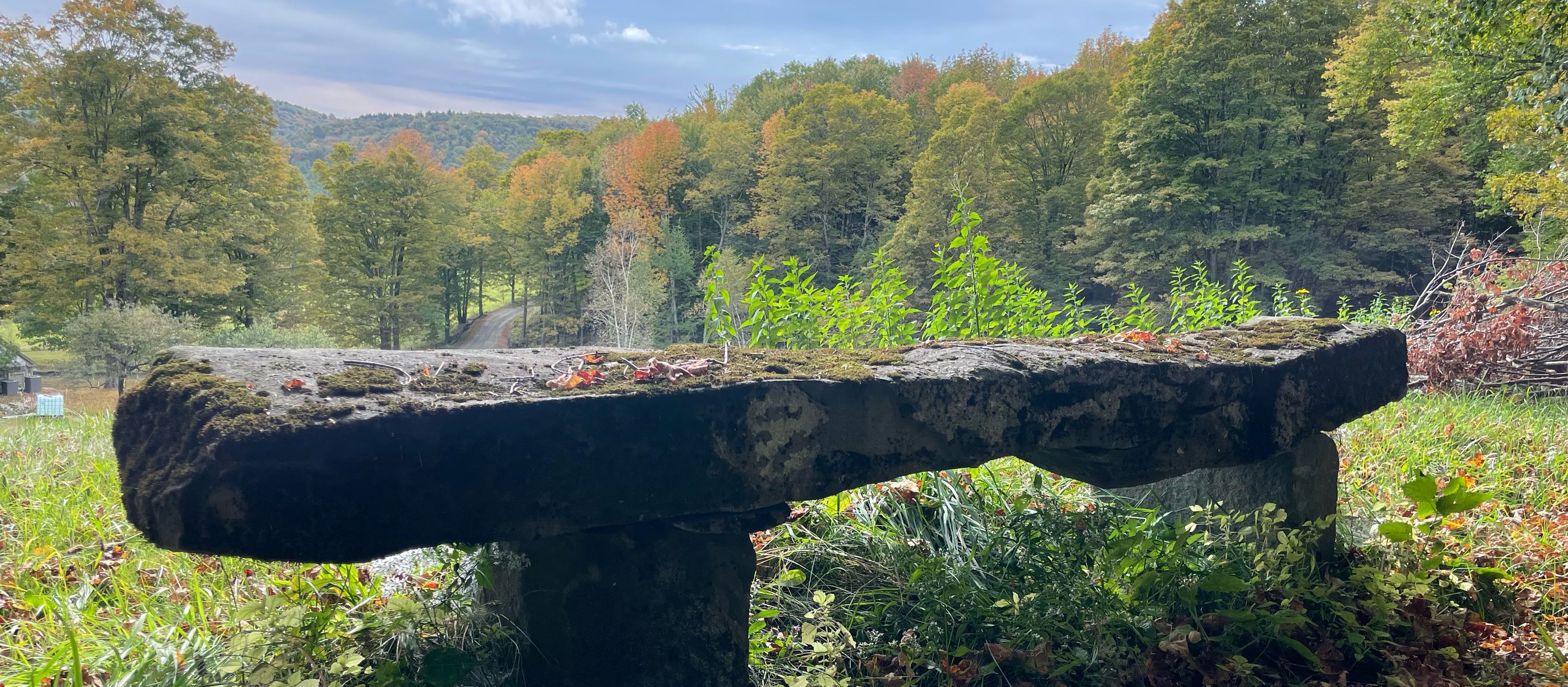 Stone bench overlooking the valley in autumn